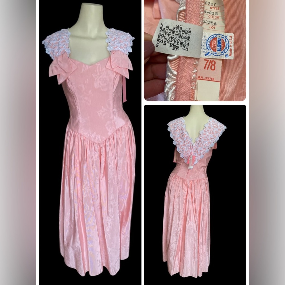 Vintage 80s Pink Drop Basque Waist Floral Alfred Angelo Pleated Promo Dress